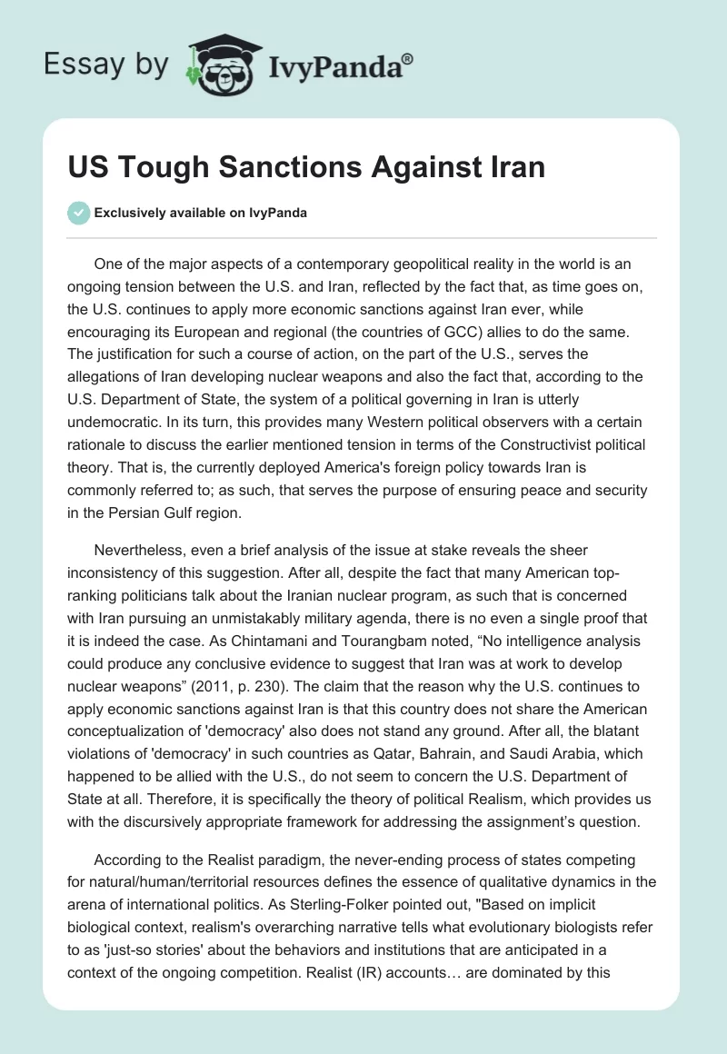 US Tough Sanctions Against Iran. Page 1