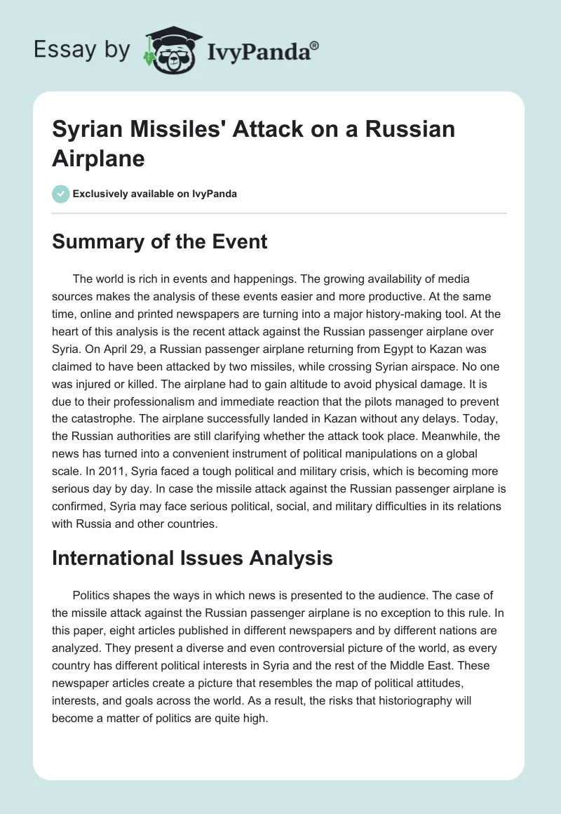 Syrian Missiles' Attack on a Russian Airplane. Page 1