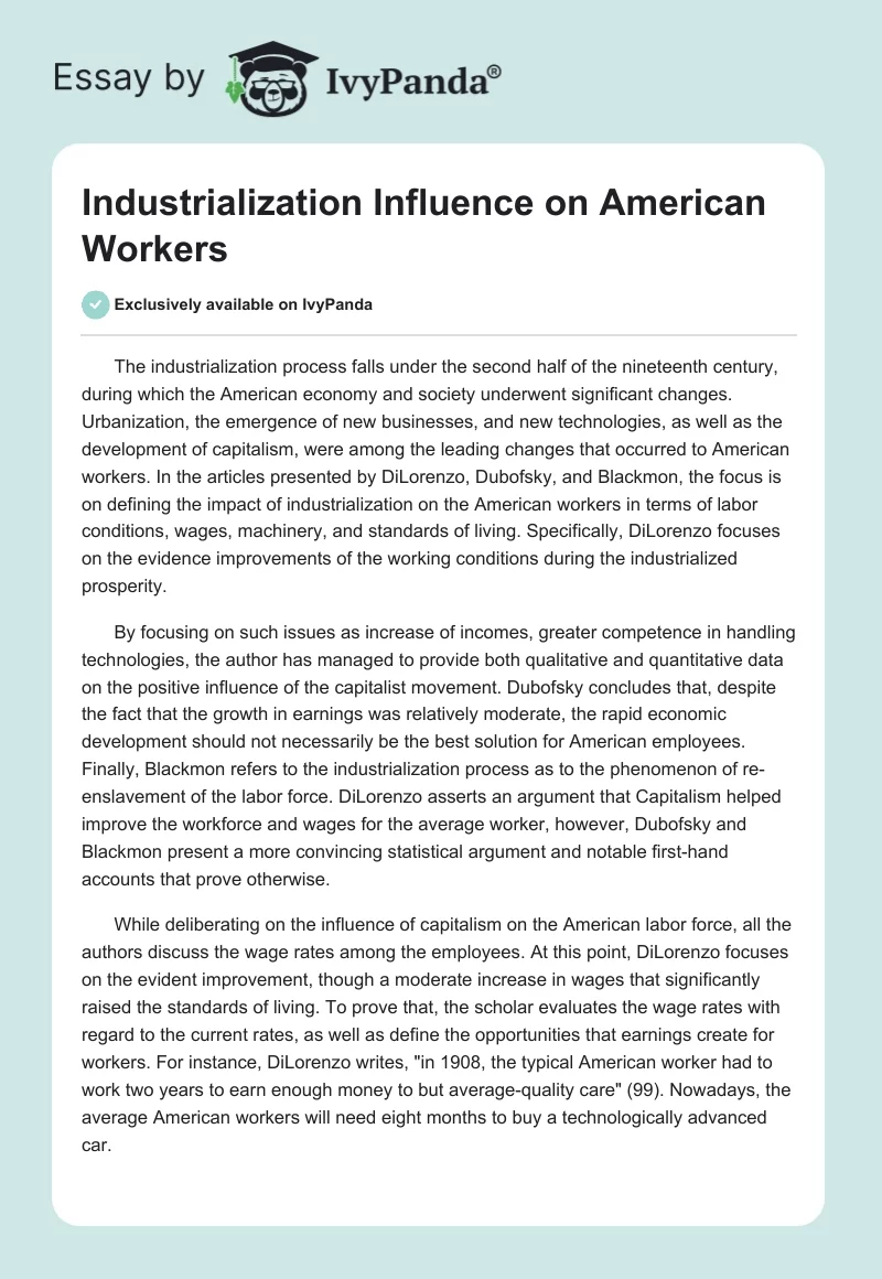 Industrialization Influence on American Workers. Page 1
