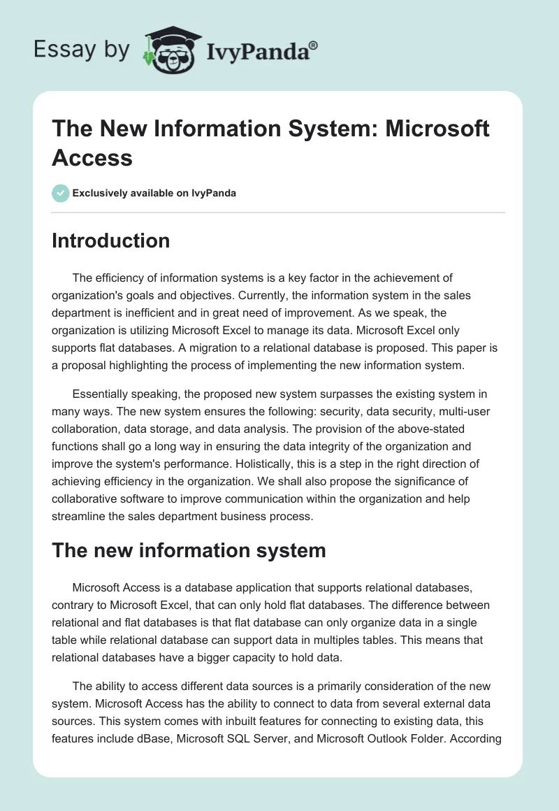 The New Information System: Microsoft Access. Page 1