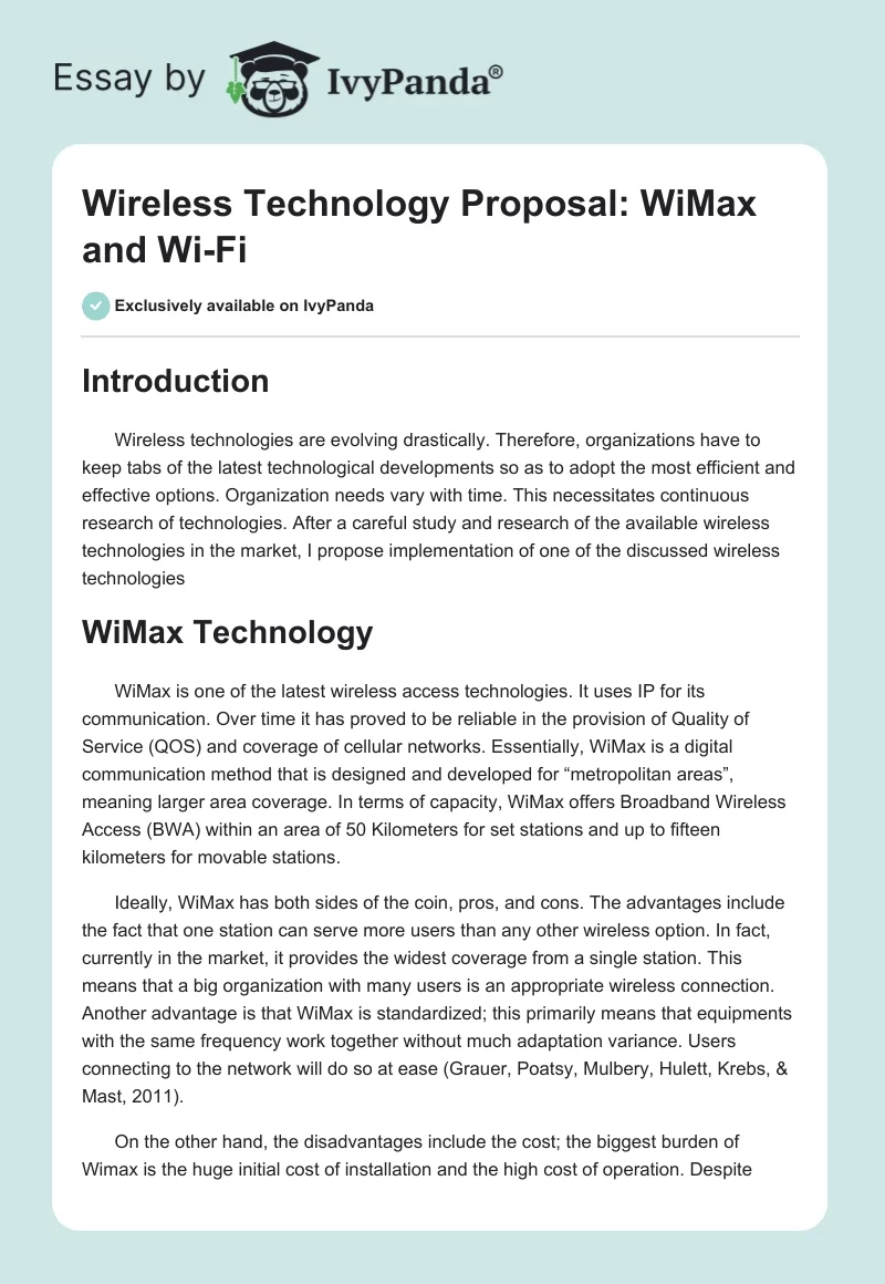 Wireless Technology Proposal: WiMax and Wi-Fi. Page 1