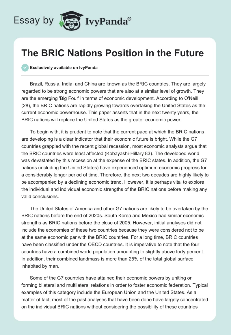 The BRIC Nations Position in the Future. Page 1