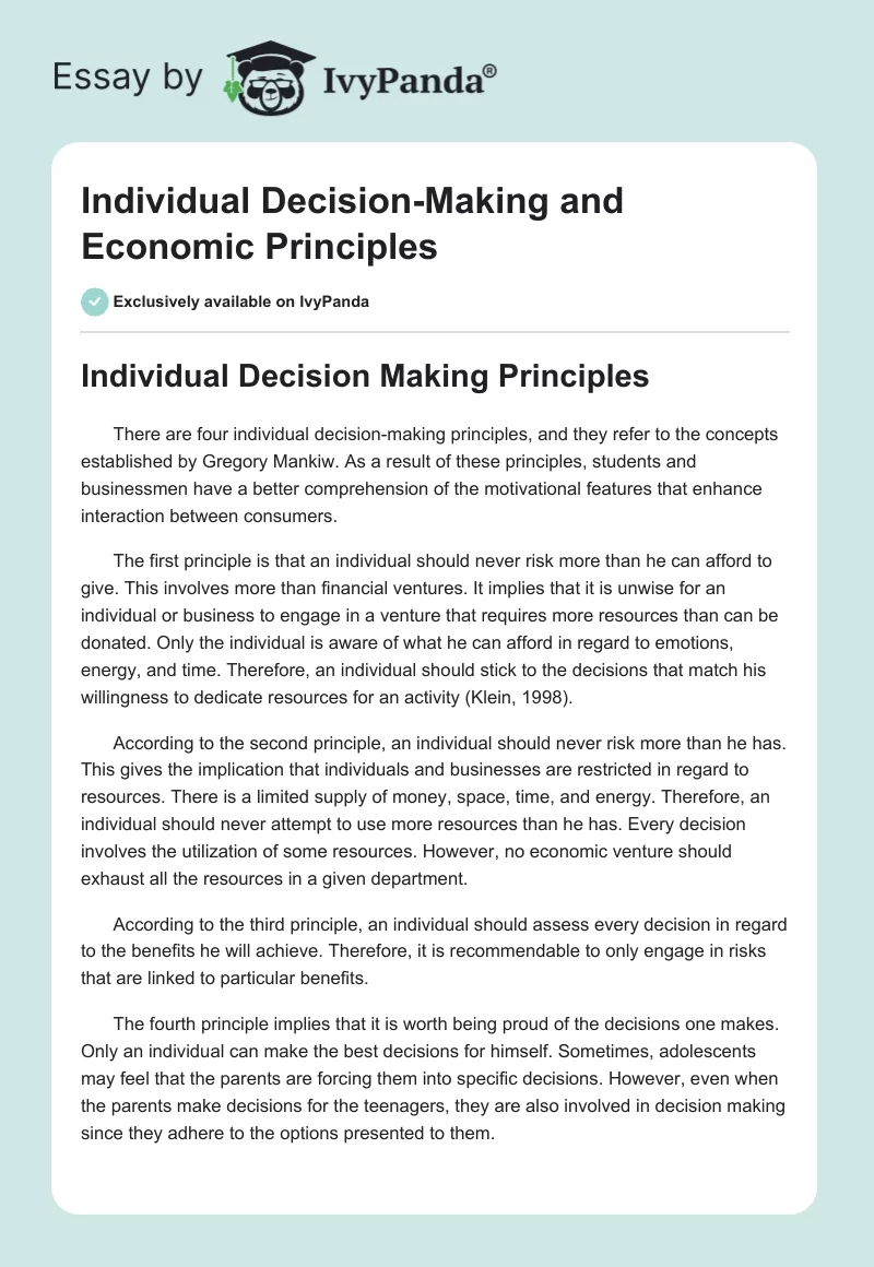 Individual Decision-Making and Economic Principles. Page 1