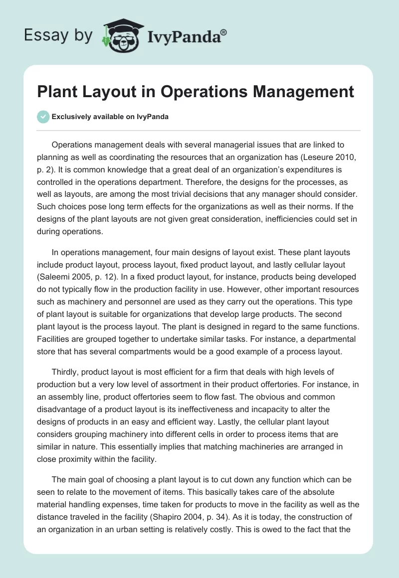 Plant Layout in Operations Management. Page 1