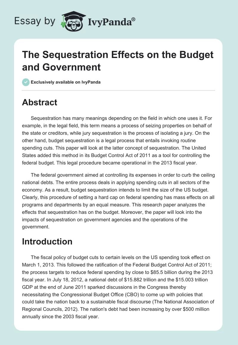 The Sequestration Effects on the Budget and Government. Page 1