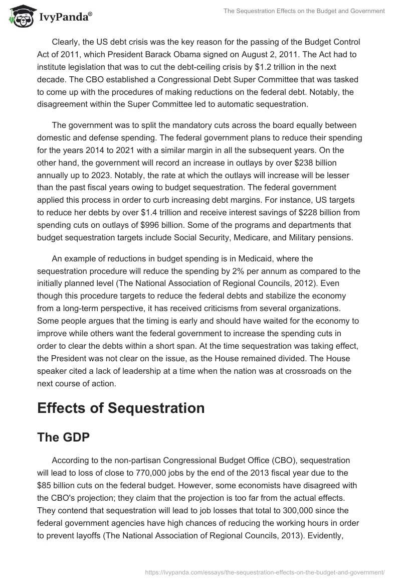 The Sequestration Effects on the Budget and Government. Page 2