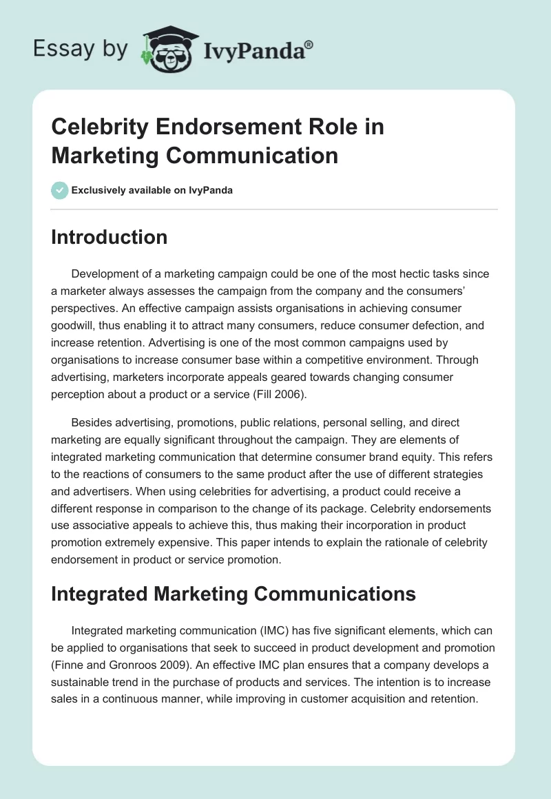 Celebrity Endorsement Role in Marketing Communication. Page 1
