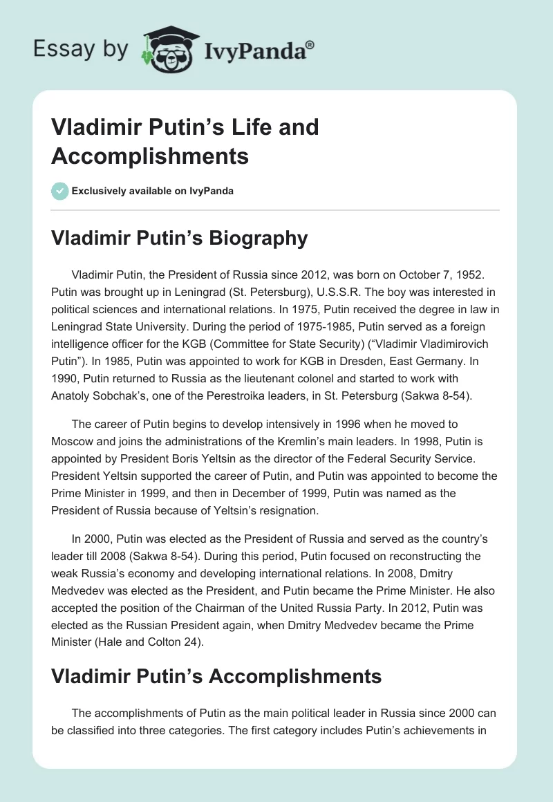Vladimir Putin’s Life and Accomplishments. Page 1