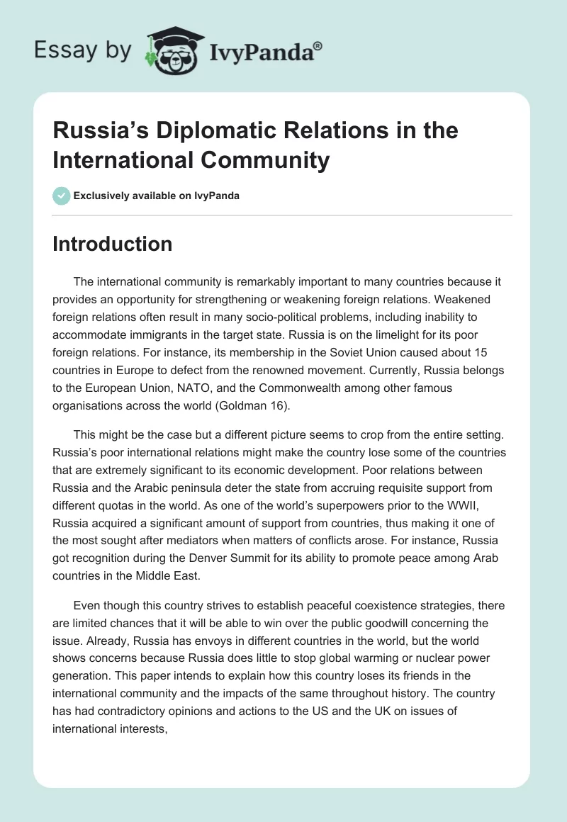 Russia’s Diplomatic Relations in the International Community. Page 1