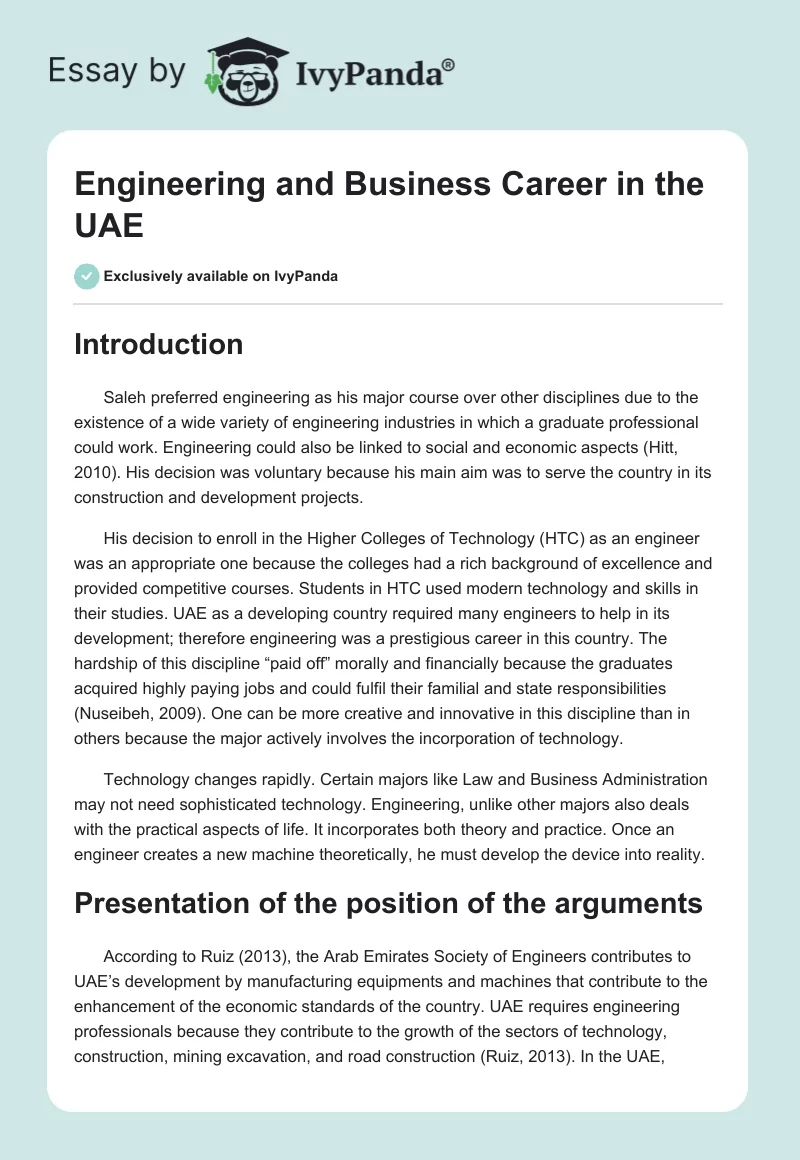 Engineering and Business Career in the UAE. Page 1