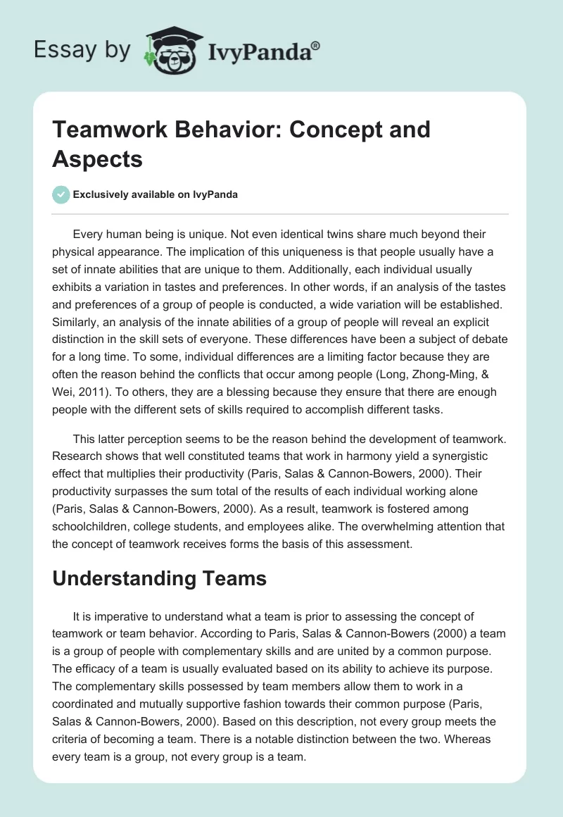 Teamwork Behavior: Concept and Aspects. Page 1