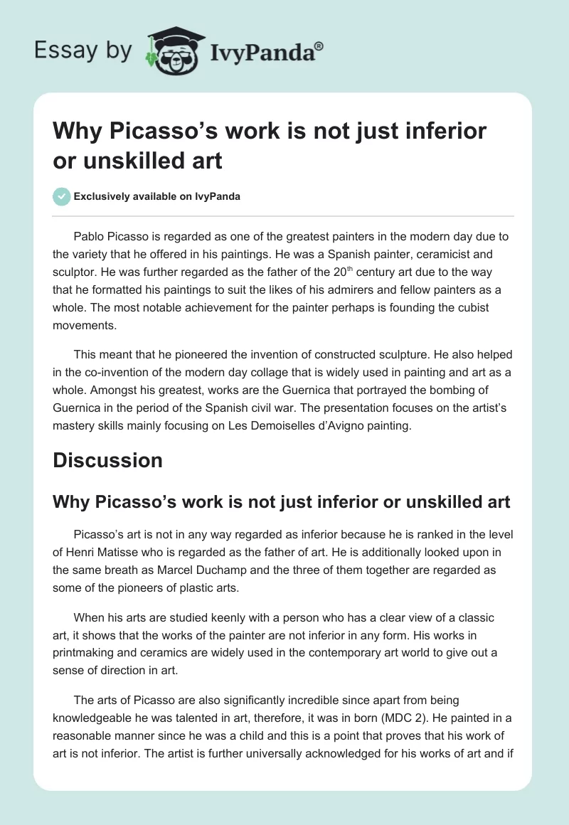 Why Picasso’s Work Is Not Just Inferior or Unskilled Art. Page 1