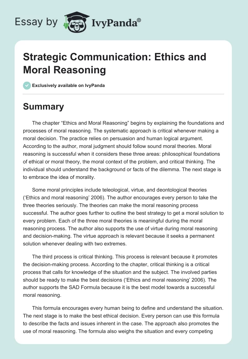 Strategic Communication: Ethics and Moral Reasoning. Page 1