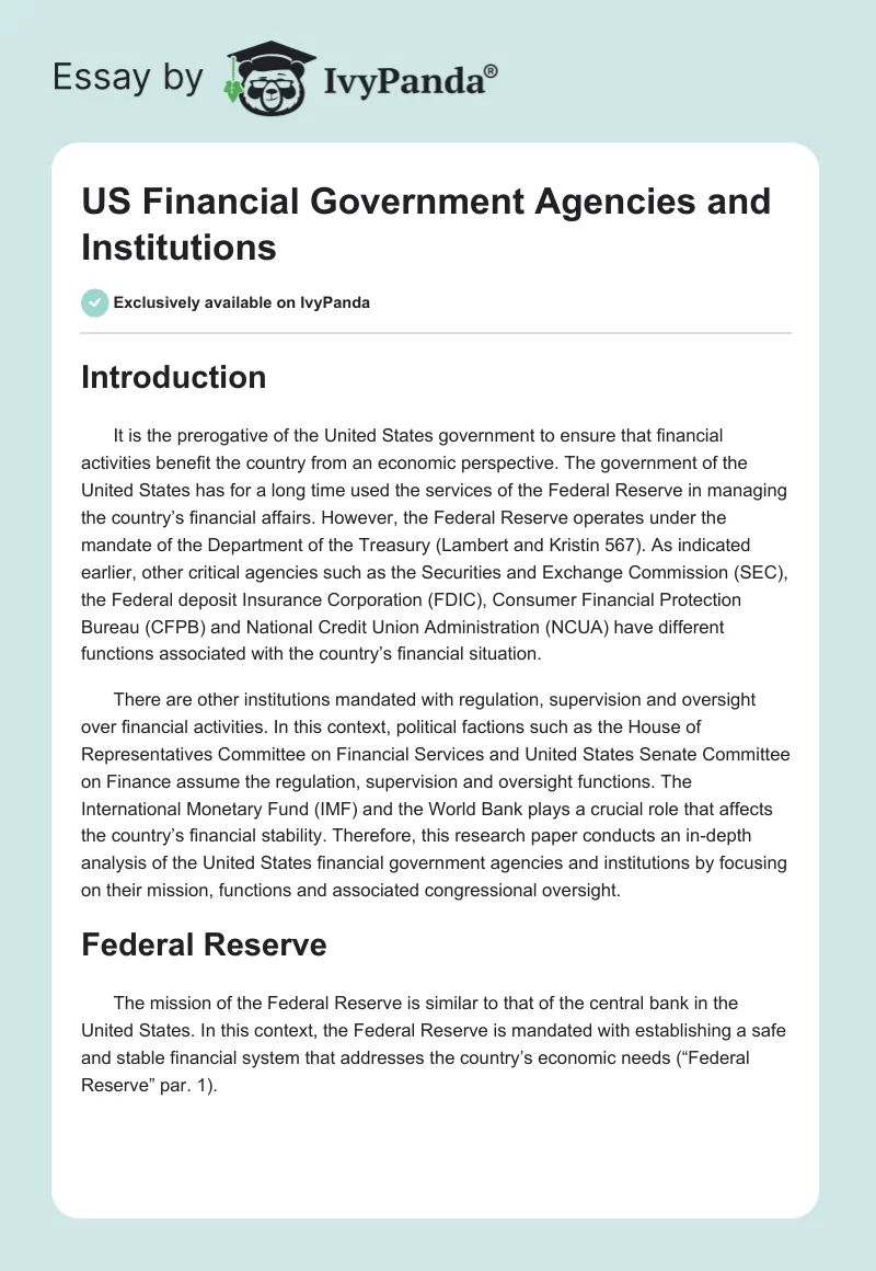 US Financial Government Agencies and Institutions. Page 1