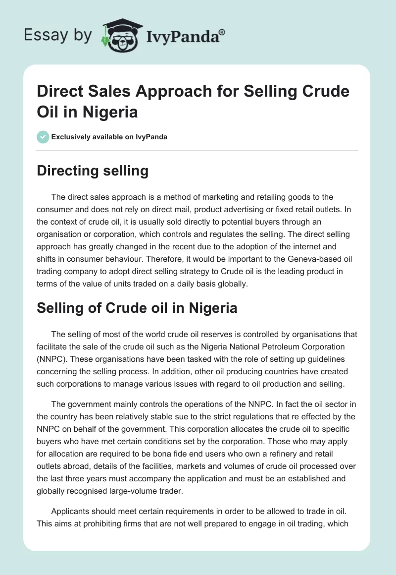 Direct Sales Approach for Selling Crude Oil in Nigeria. Page 1