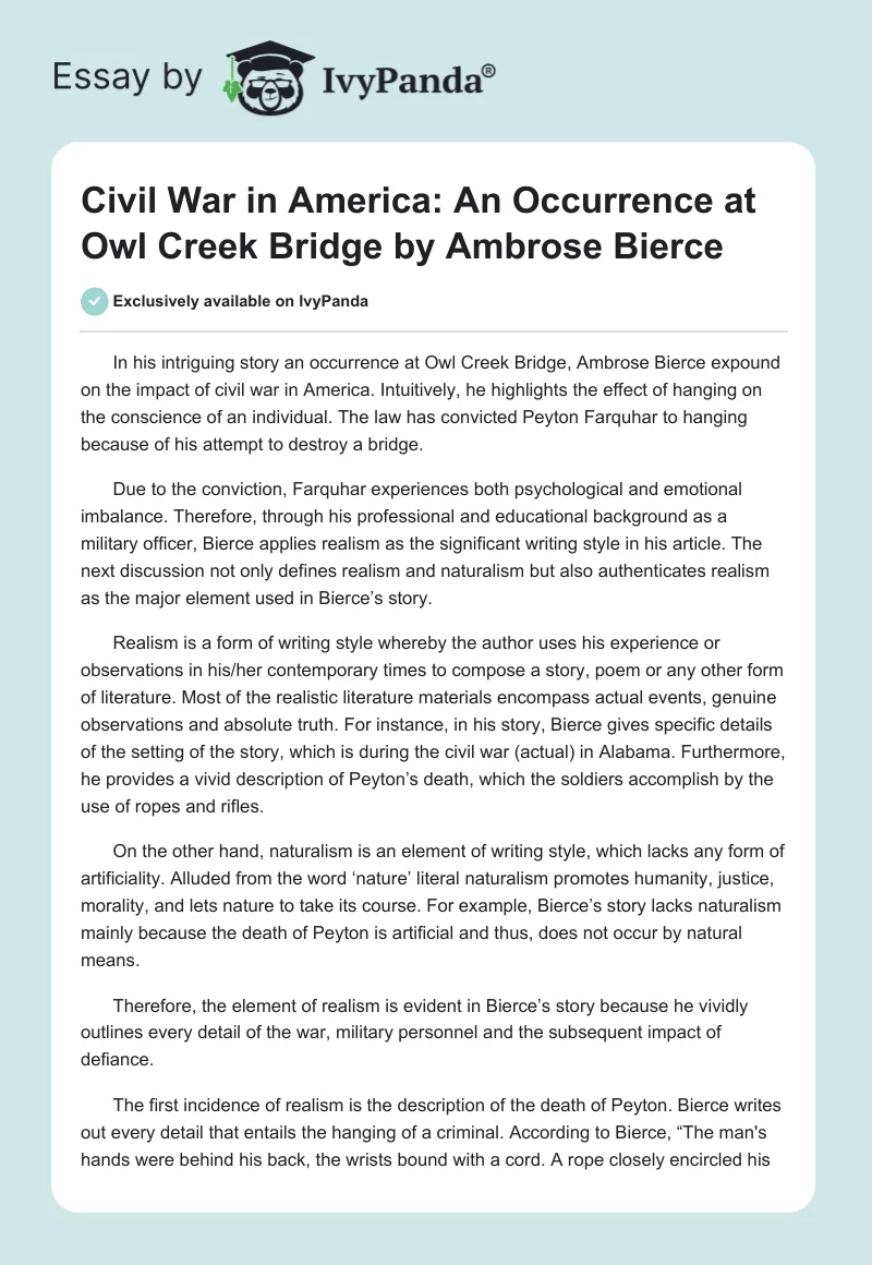 Civil War in America: "An Occurrence at Owl Creek Bridge" by Ambrose Bierce. Page 1