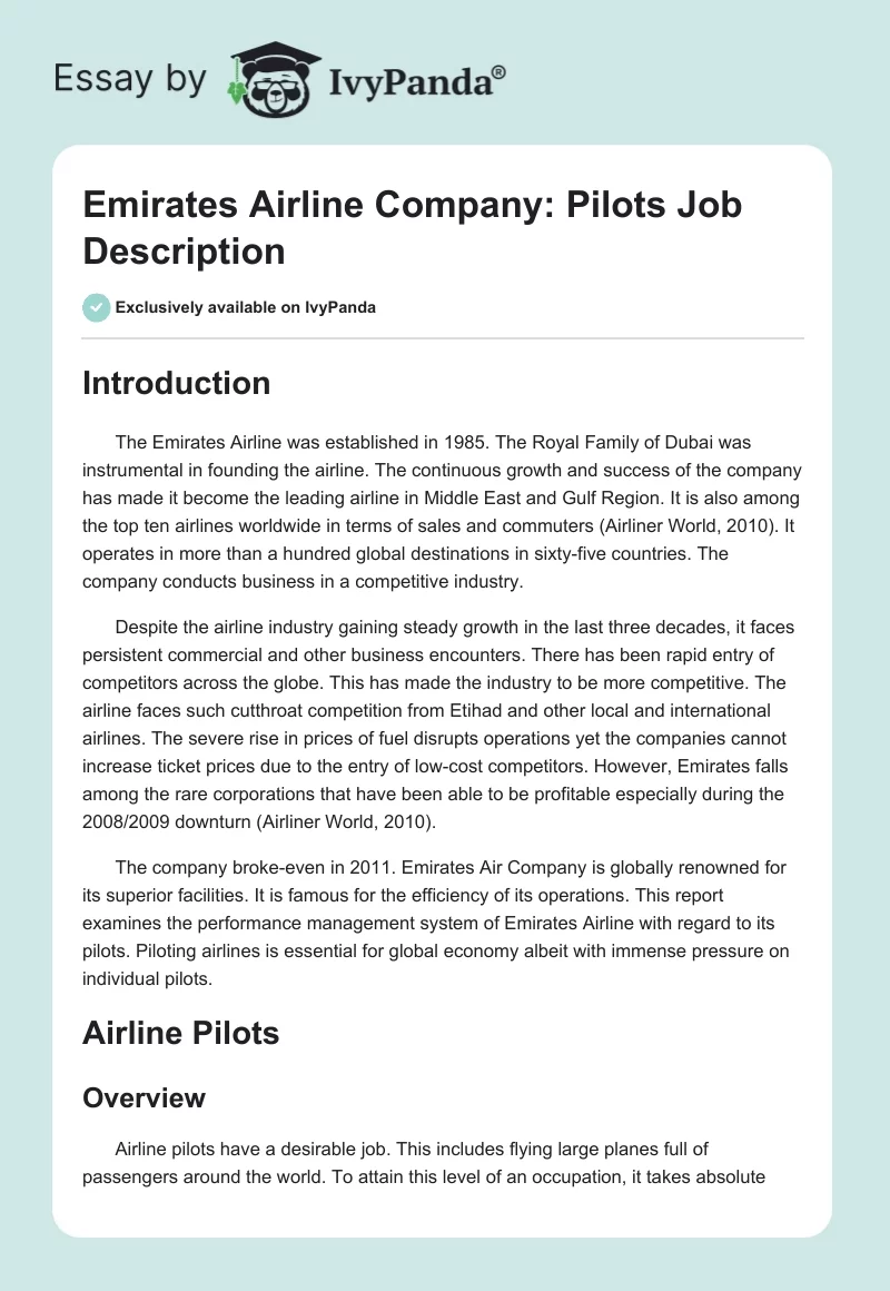 Emirates Airline Company: Pilots Job Description. Page 1