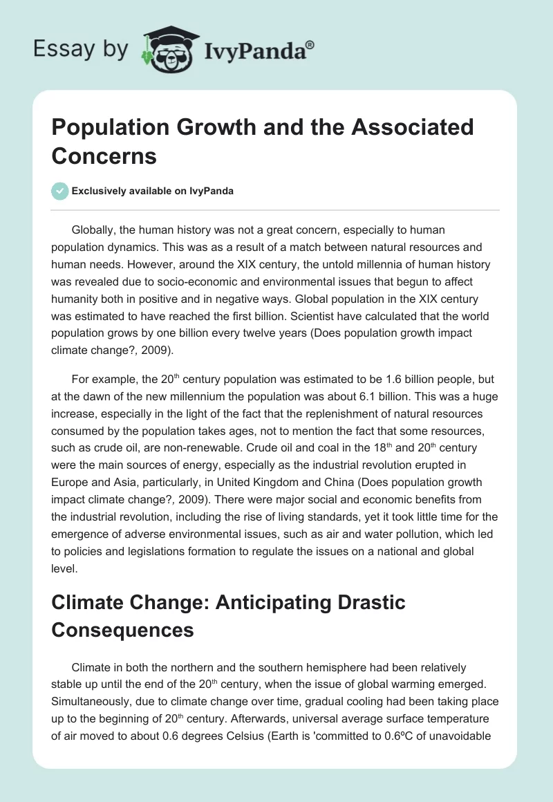 Population Growth and the Associated Concerns. Page 1
