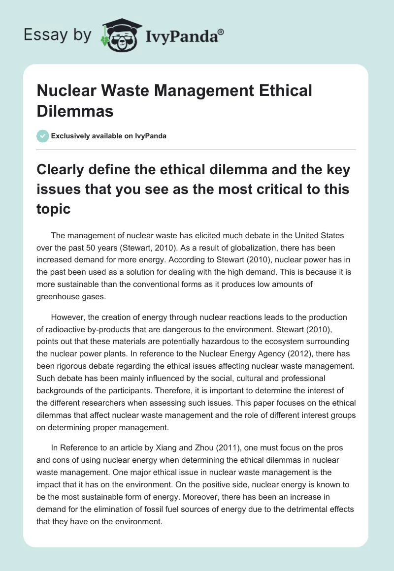 Nuclear Waste Management Ethical Dilemmas. Page 1