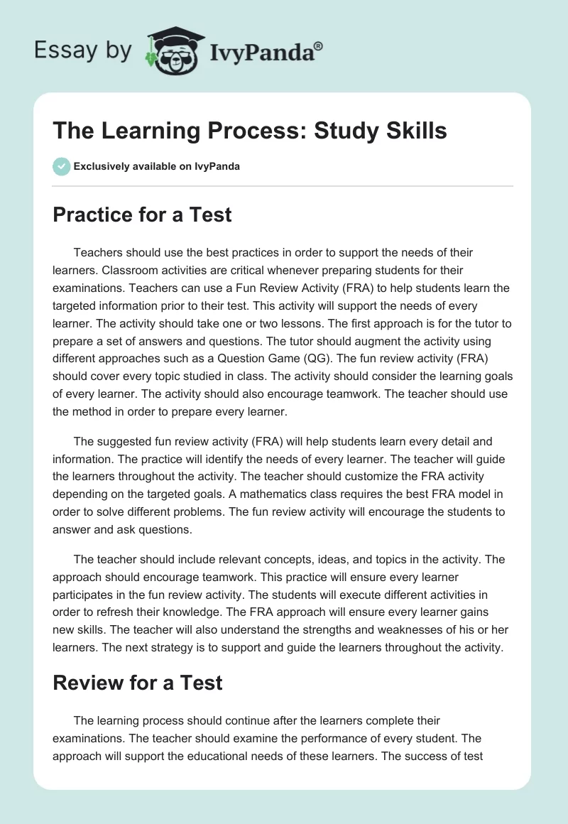 The Learning Process: Study Skills. Page 1