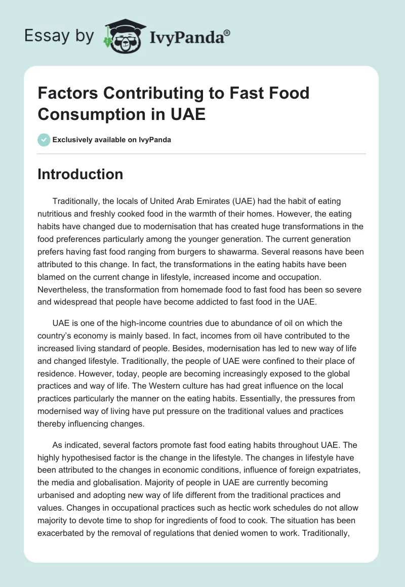 Factors Contributing to Fast Food Consumption in UAE. Page 1