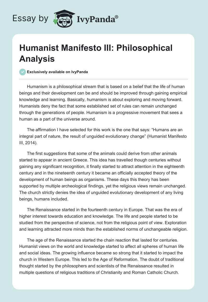 Humanist Manifesto III: Philosophical Analysis. Page 1