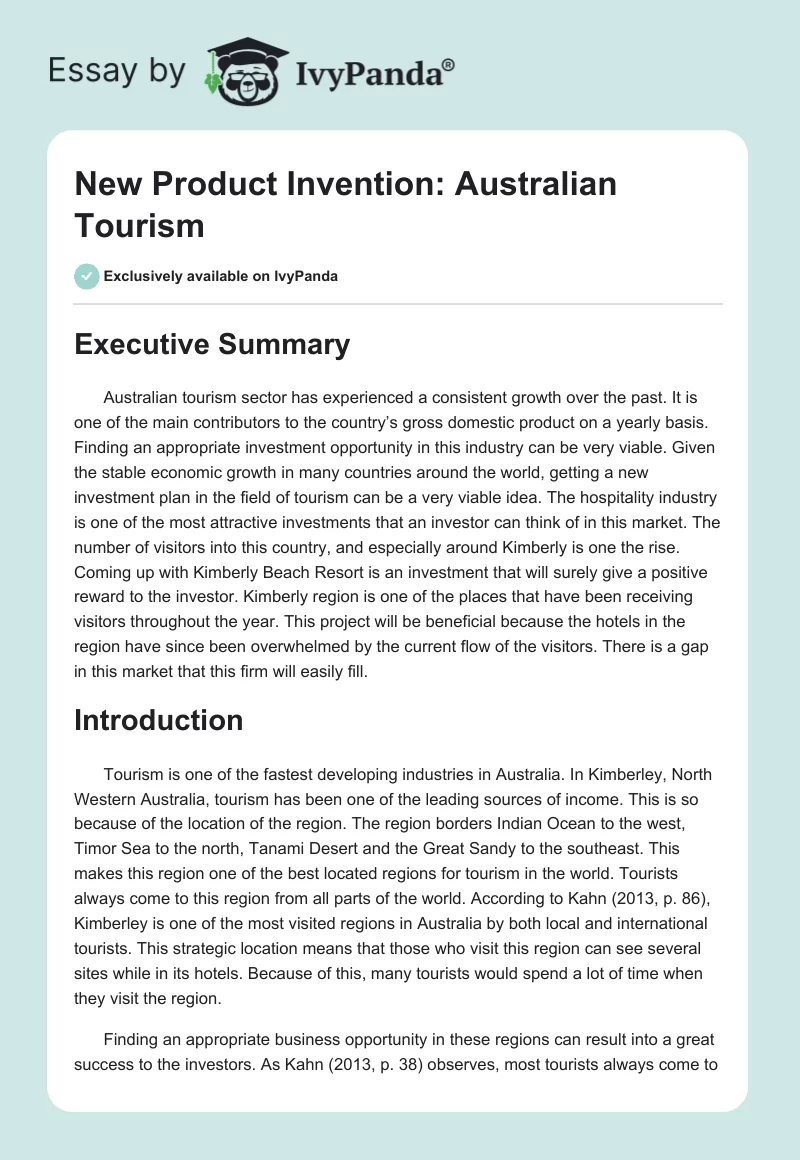 New Product Invention: Australian Tourism. Page 1
