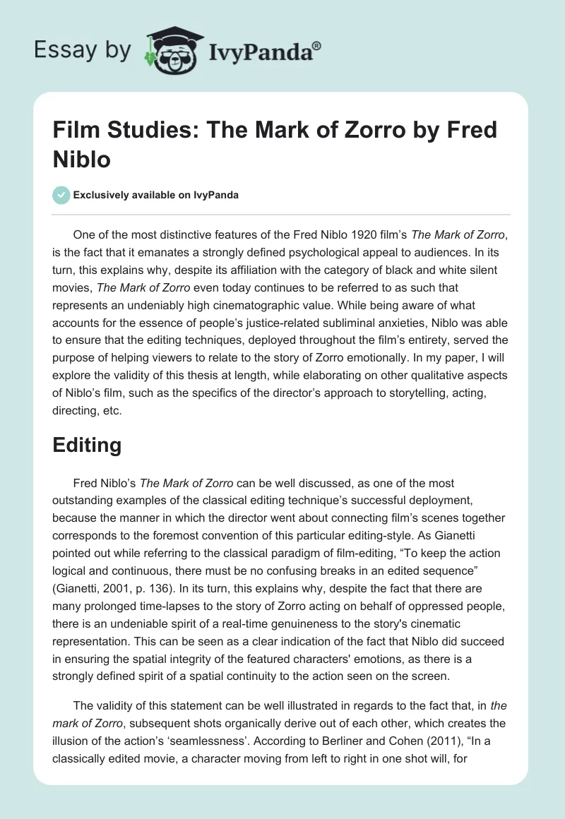 Film Studies: "The Mark of Zorro" by Fred Niblo. Page 1