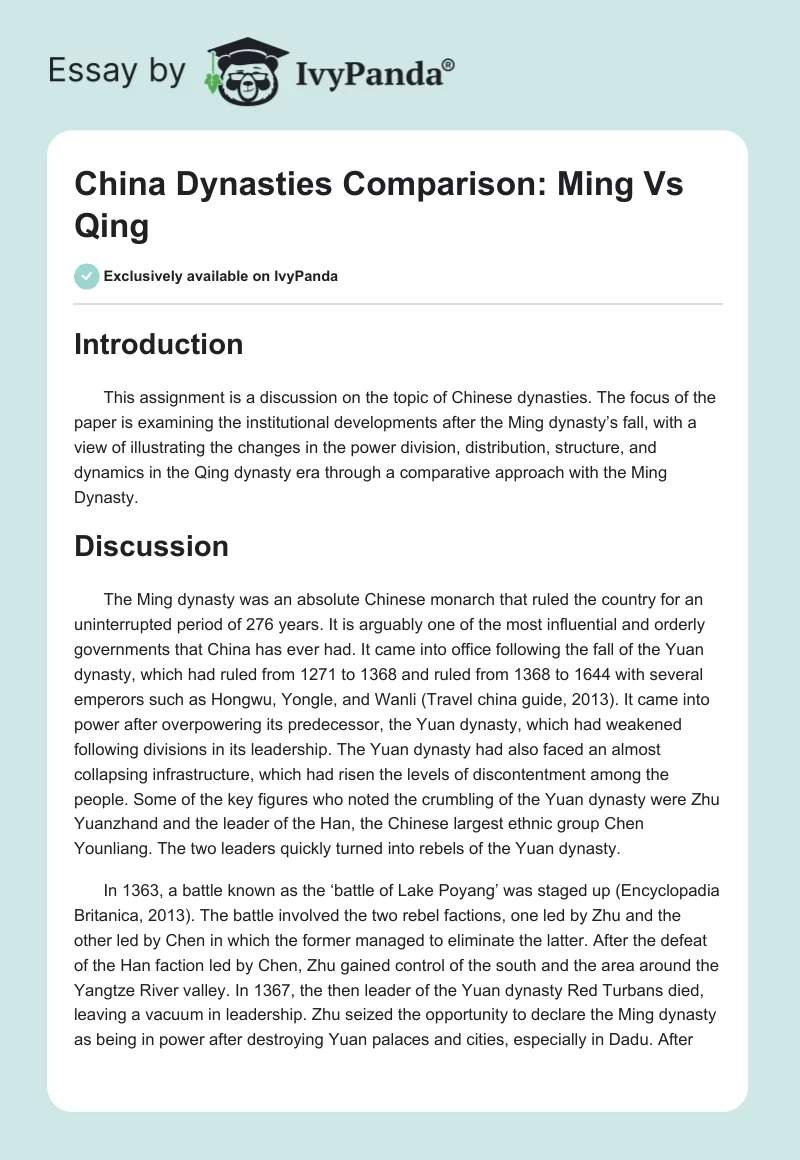 China Dynasties Comparison: Ming Vs Qing. Page 1