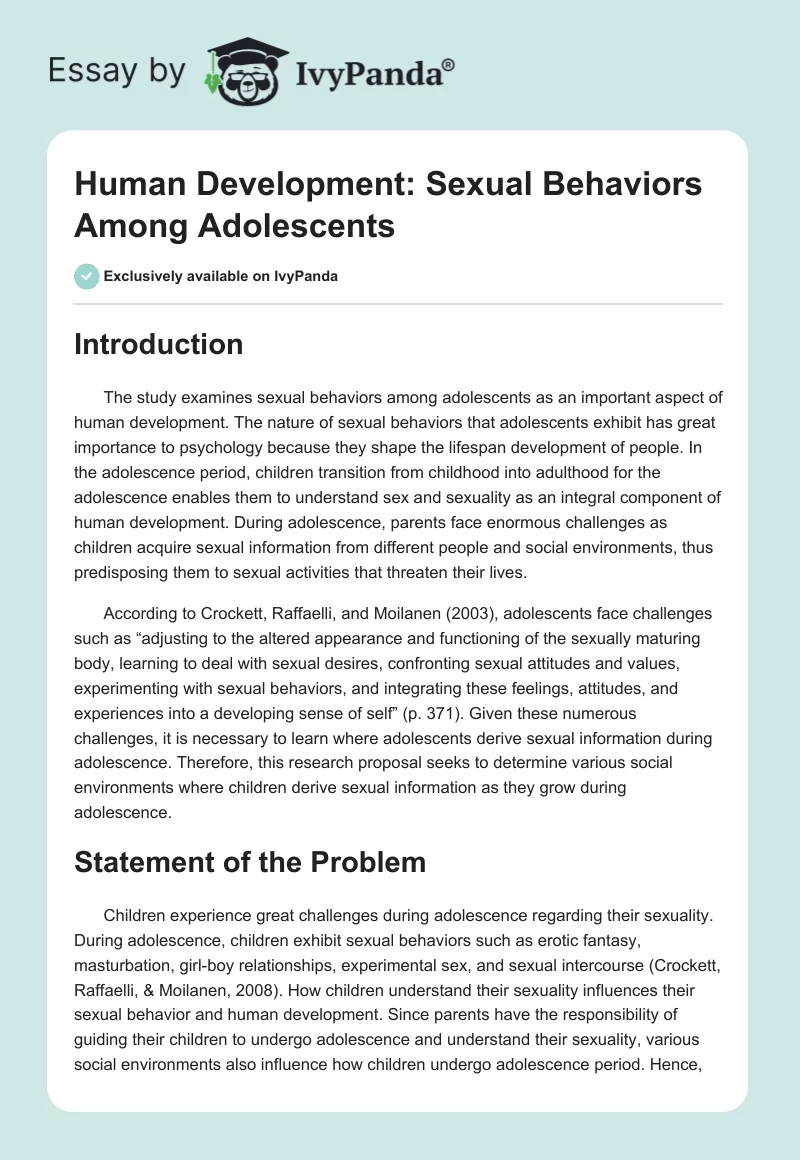 Human Development: Sexual Behaviors Among Adolescents. Page 1