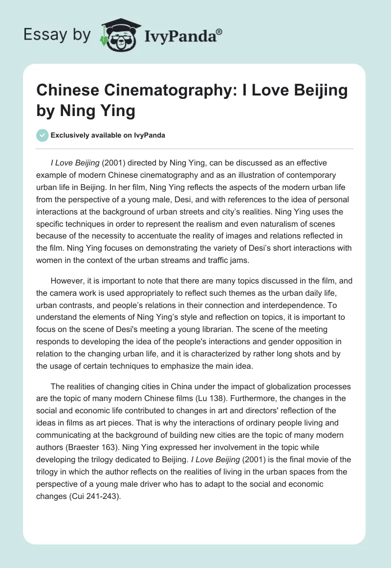 Chinese Cinematography: "I Love Beijing" by Ning Ying. Page 1