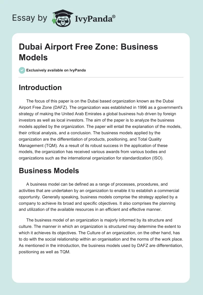 Dubai Airport Free Zone: Business Models. Page 1