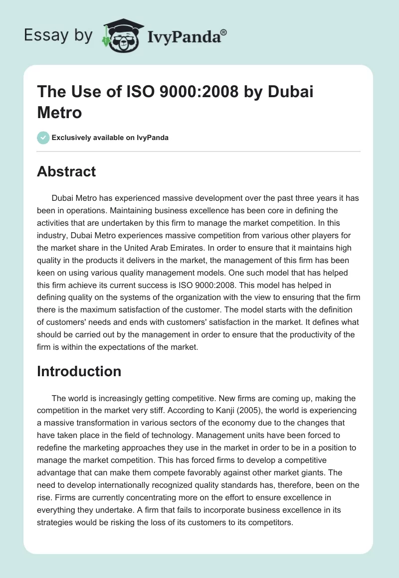 The Use of ISO 9000:2008 by Dubai Metro. Page 1