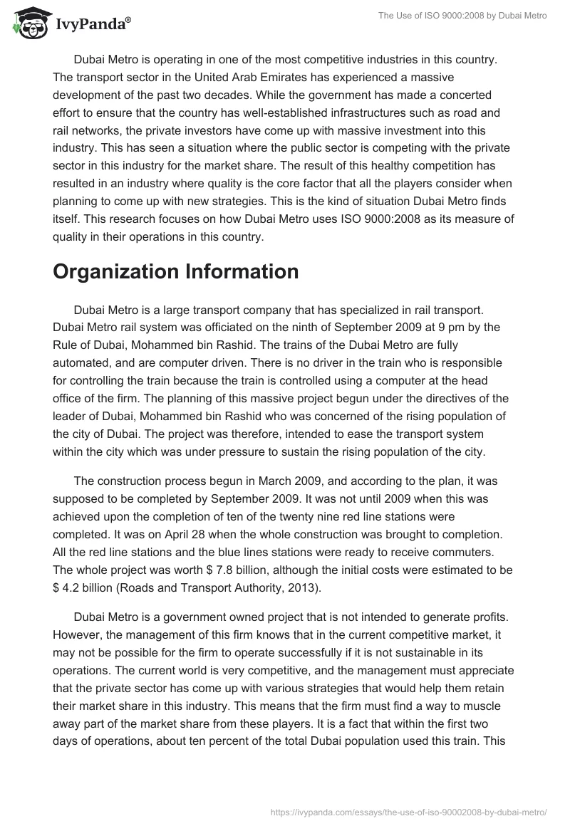 The Use of ISO 9000:2008 by Dubai Metro. Page 2