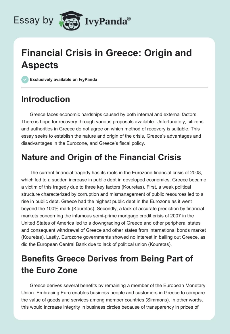 Financial Crisis in Greece: Origin and Aspects. Page 1