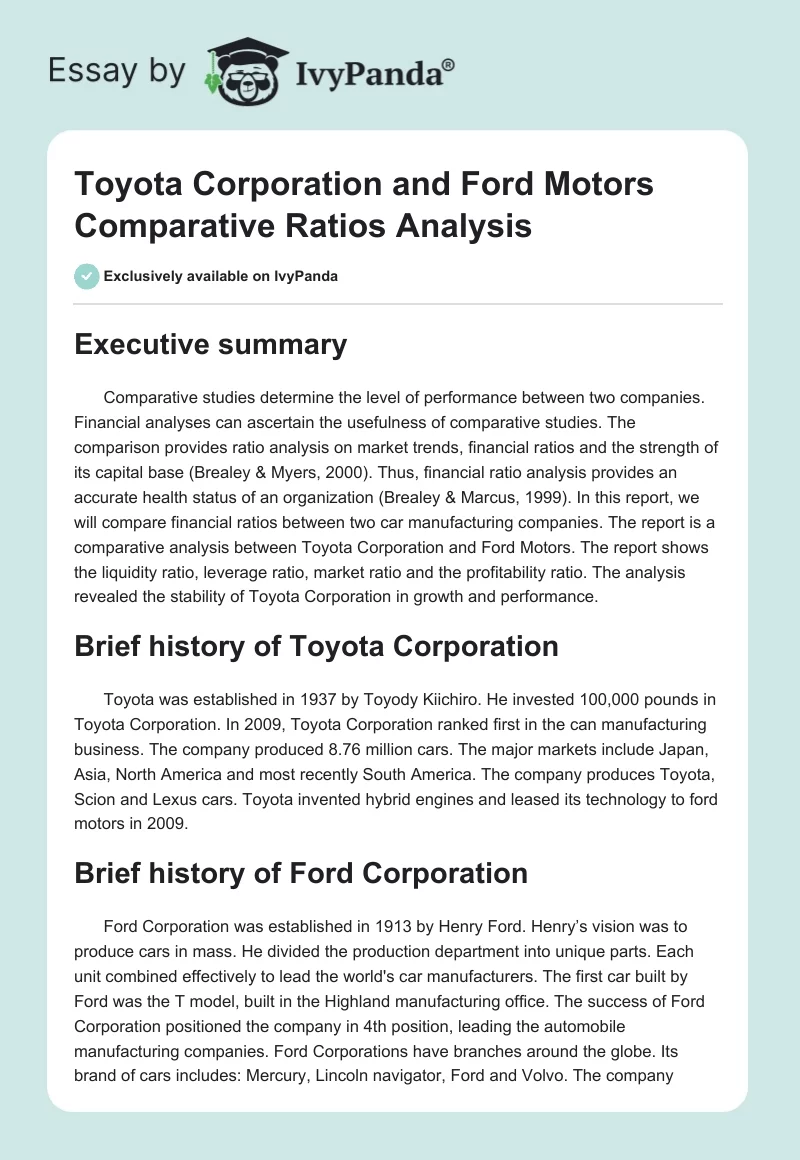 Toyota Corporation and Ford Motors Comparative Ratios Analysis. Page 1