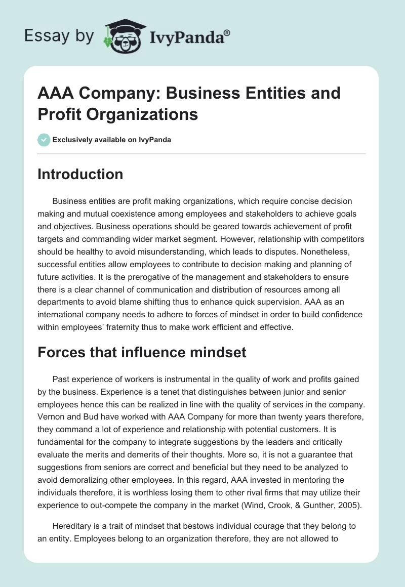 AAA Company: Business Entities and Profit Organizations. Page 1