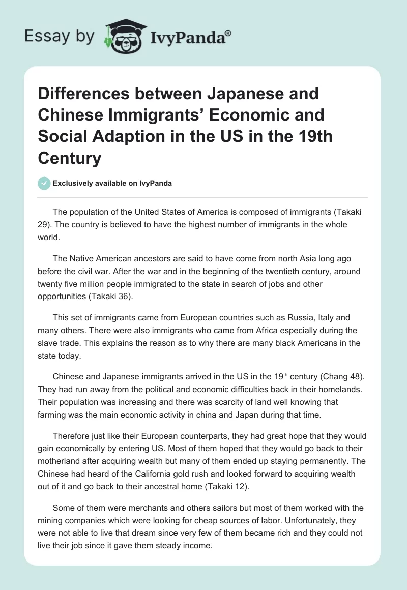 Differences between Japanese and Chinese Immigrants’ Economic and Social Adaption in the US in the 19th Century. Page 1