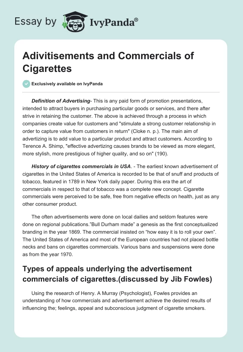 Adivitisements and Commercials of Cigarettes. Page 1