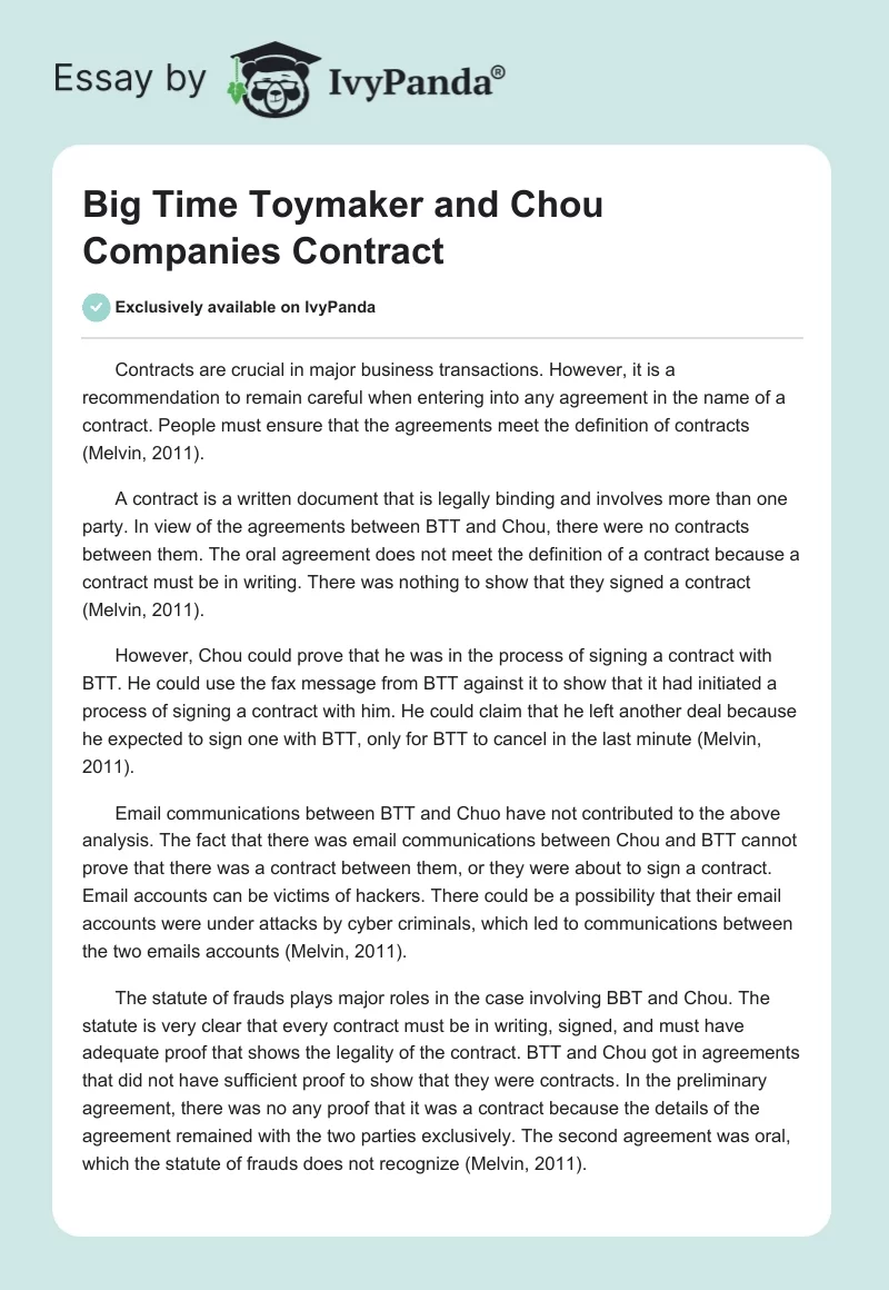 Big Time Toymaker and Chou Companies Contract. Page 1