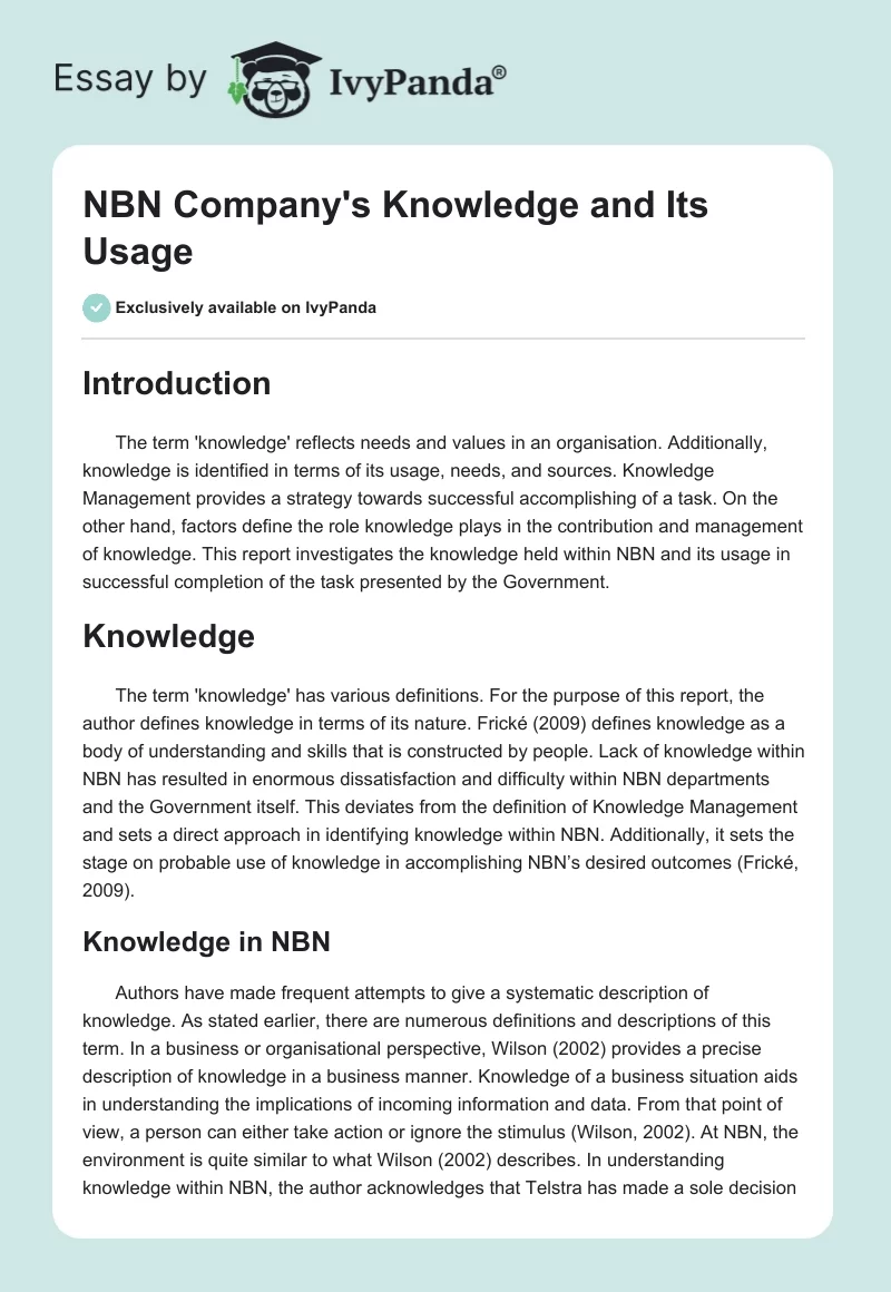NBN Company's Knowledge and Its Usage. Page 1