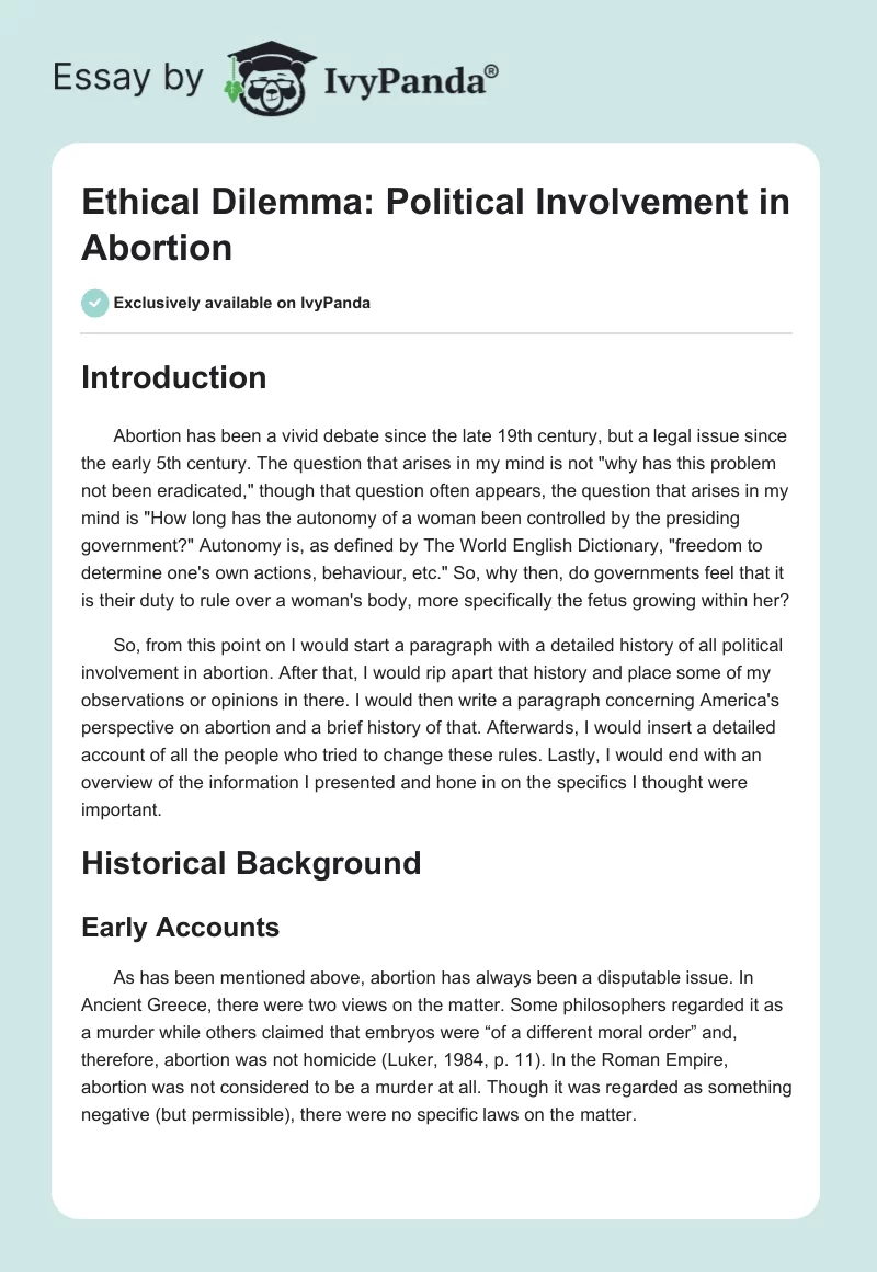 Ethical Dilemma: Political Involvement in Abortion. Page 1