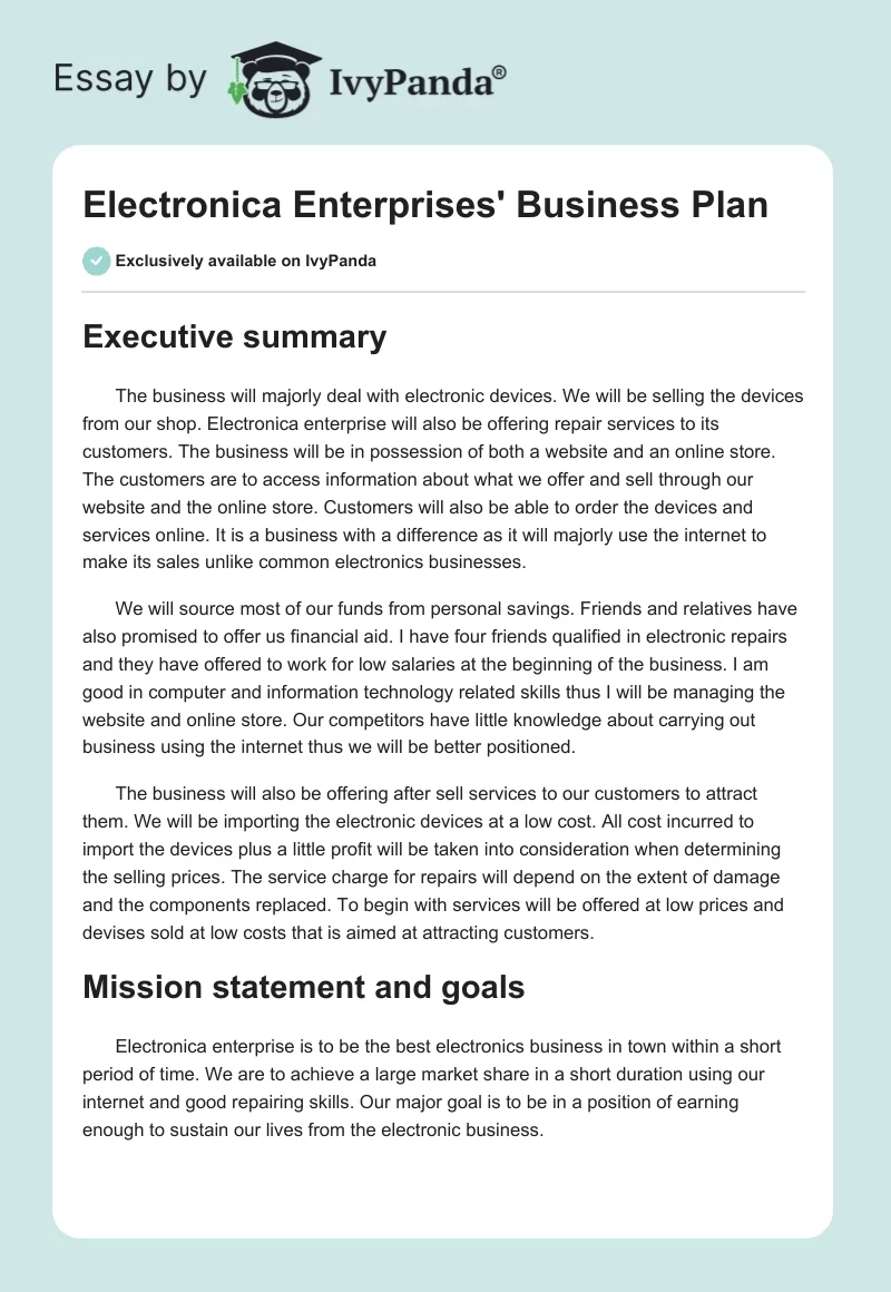 Electronica Enterprises' Business Plan. Page 1