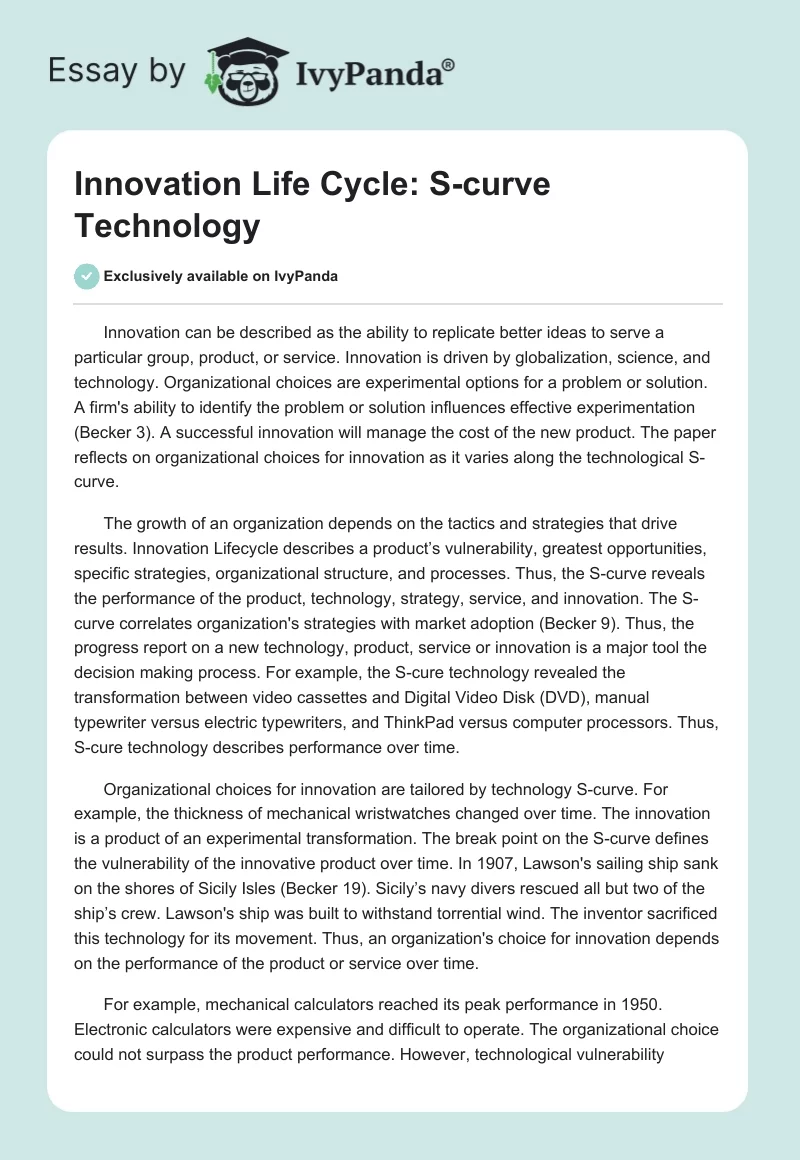 Innovation Life Cycle: S-curve Technology. Page 1
