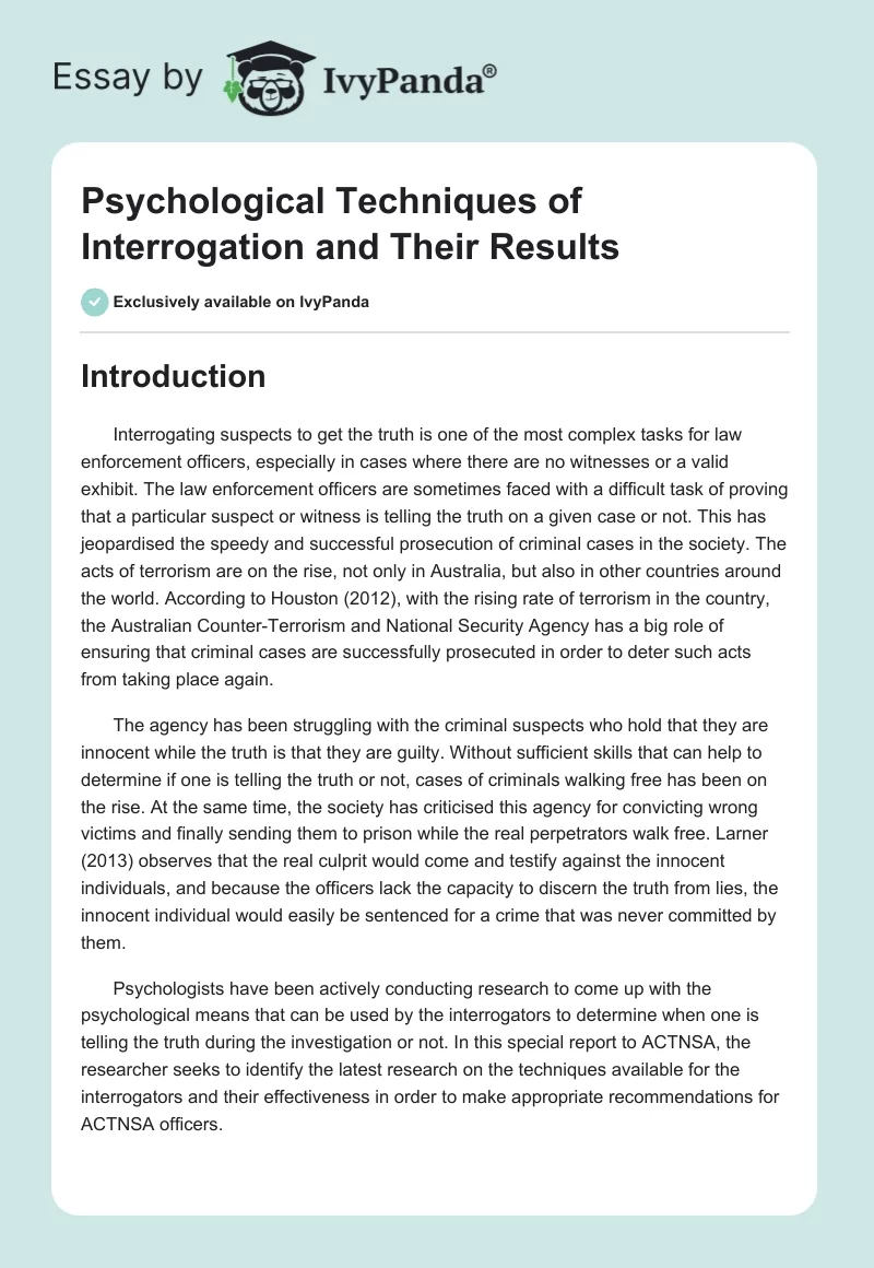 Psychological Techniques of Interrogation and Their Results. Page 1