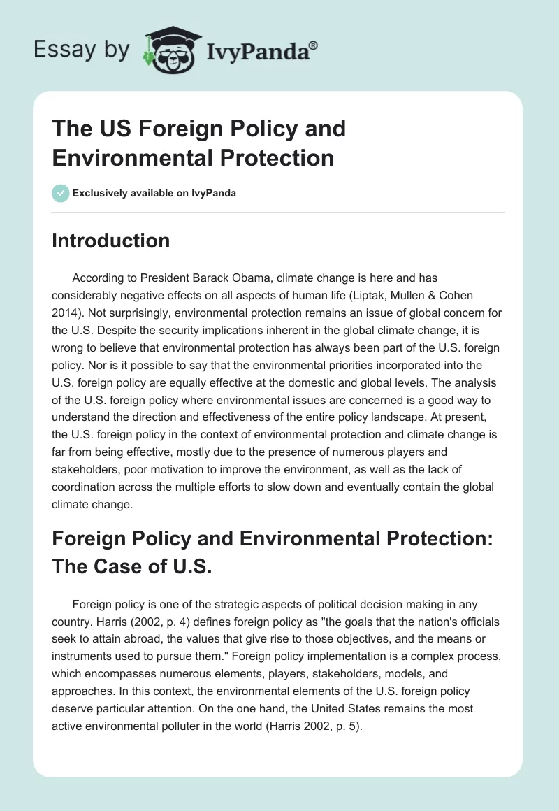 The US Foreign Policy and Environmental Protection. Page 1