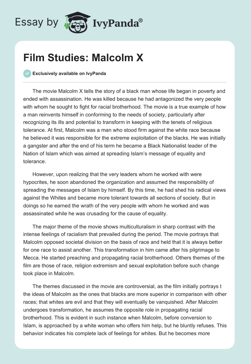 Film Studies: "Malcolm X". Page 1