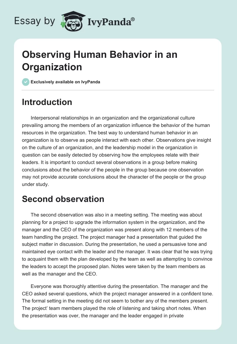 Observing Human Behavior in an Organization. Page 1