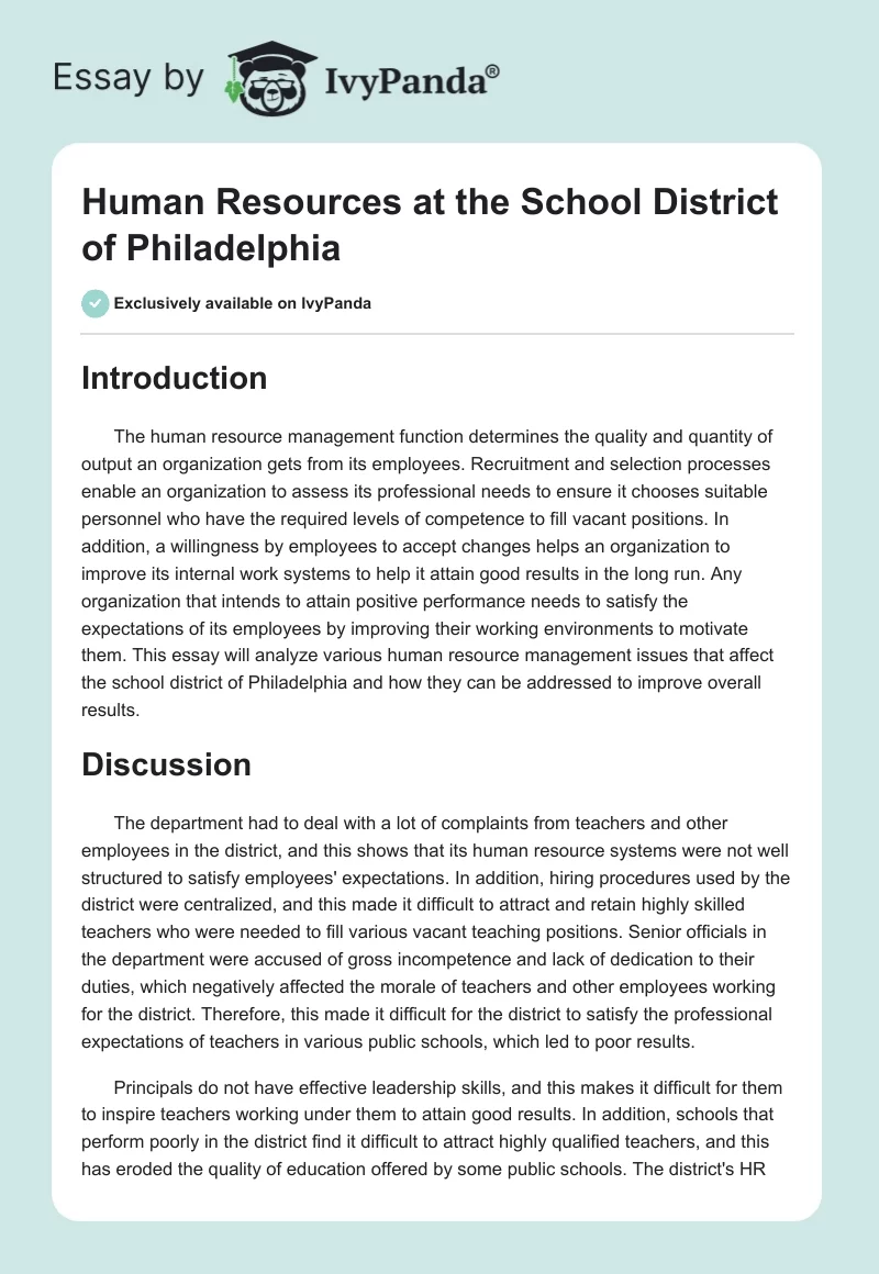 Human Resources at the School District of Philadelphia. Page 1