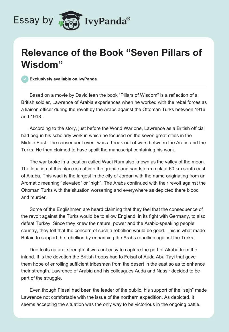 Relevance of the Book “Seven Pillars of Wisdom”. Page 1